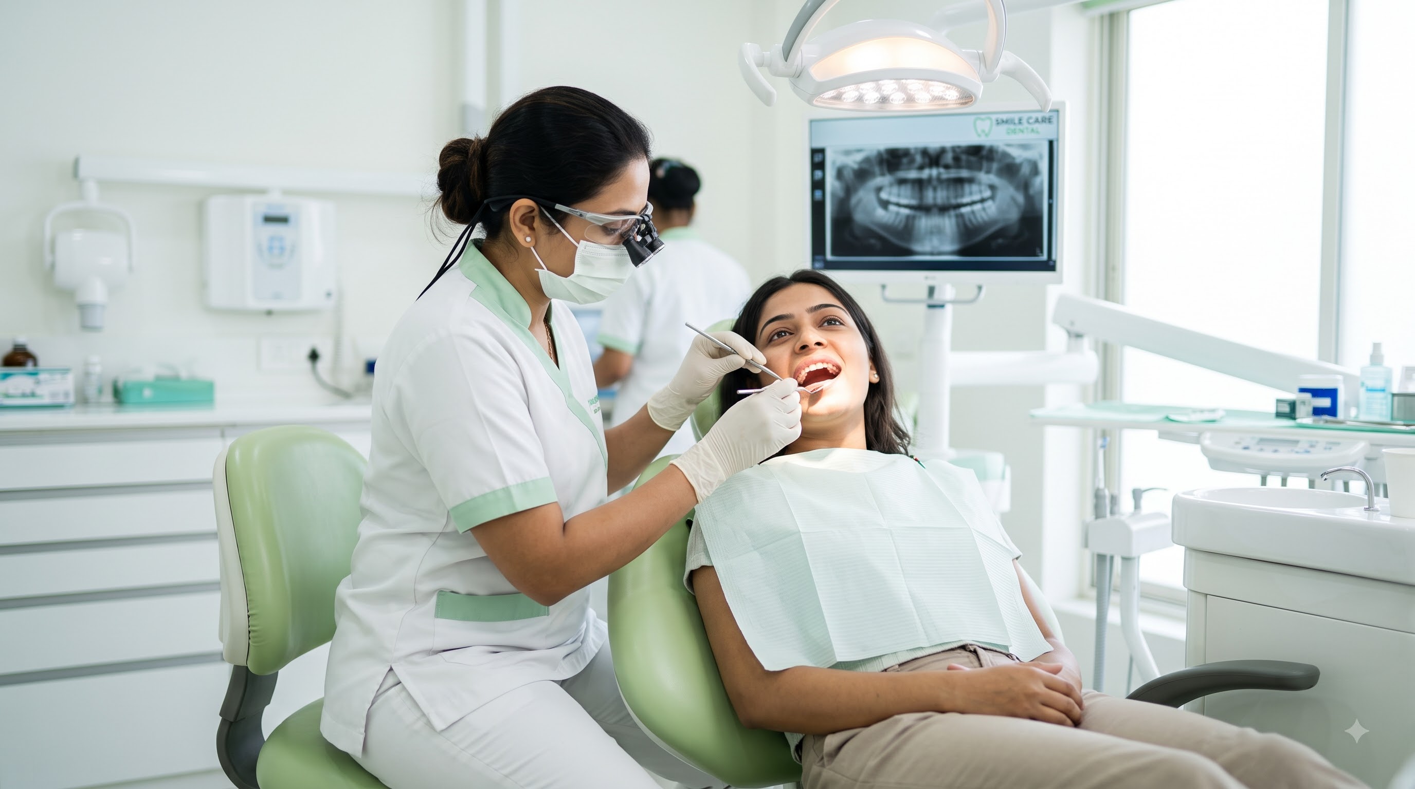 Dr. Preeti attending to a patient in a bright, modern treatment room